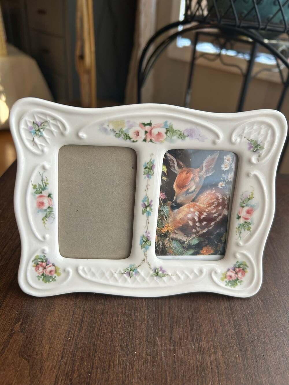 Vintage floral porcelain or ceramic hand painted double photo frame